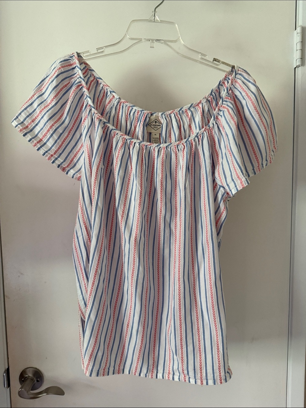 St. John's Bay White Off-Shoulder Tunic with Blue and Red Stripes